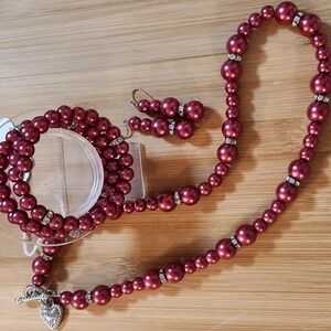 Hand Crafted Pearl Necklace Set Garnet Red Necklace Wrap Bracelet Drop Earrings
